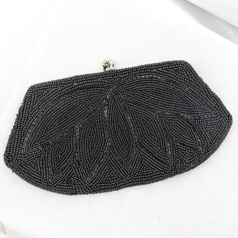 Vintage Black Beaded Clutch‎ Leaf Pattern Evening Bag Cocktail Formal